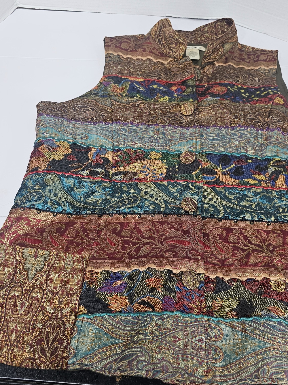 Vintage TravelSmith Women's Silk Blend Vest Sz L Brocade Paisley Patchwork Boho - Picture 7 of 12
